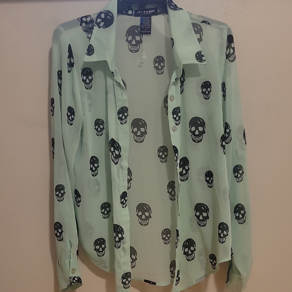 About A Girl Mint Green Skull Button Down Shirt